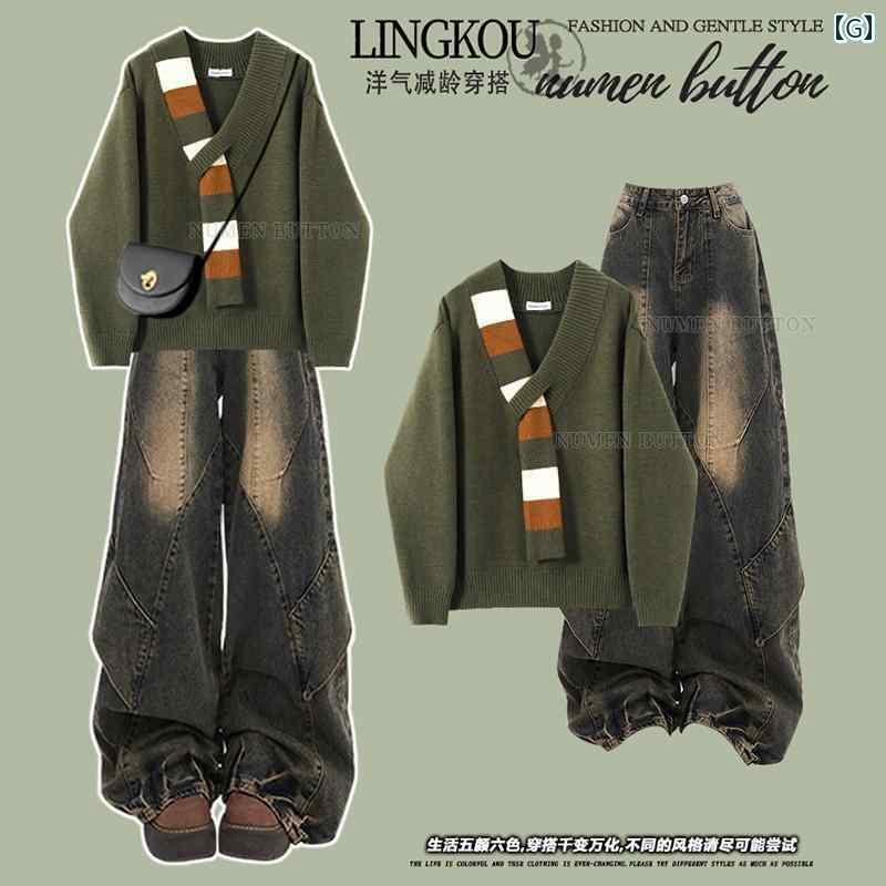 レディース トップス カジュアル 大きめ サイズ レディース 春秋 組み合わせの ハイエンドの 年齢を 減らす な ニット セーター ジーンズ ツーピース セットの 完全な セット