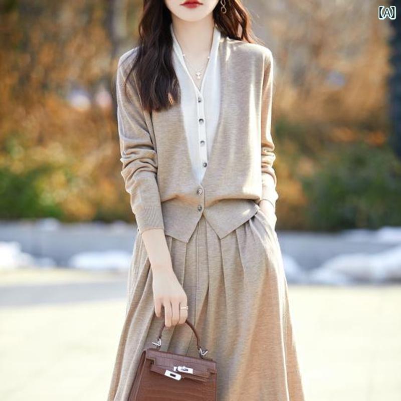 レディース　トップス　カジュアル 秋 Vネック 梳 毛 ウール セーター スプライス ダブルレイヤー カラ..