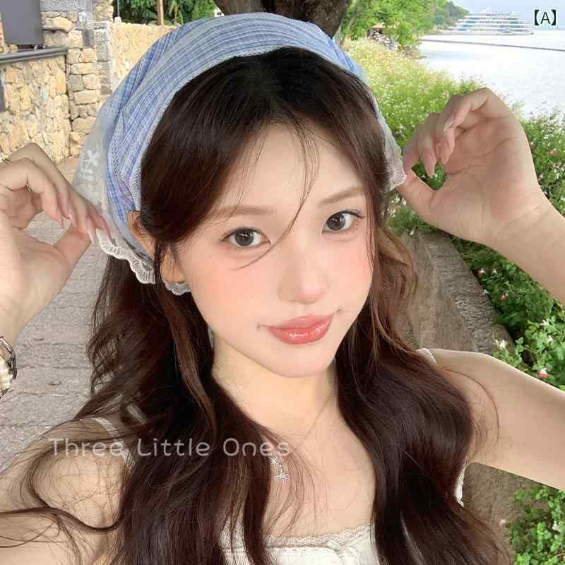ターバン　帽子　スカーフ フランスの レトロ 青い レースの 三角形の ヘッド スカーフ 女性 小さい さ..