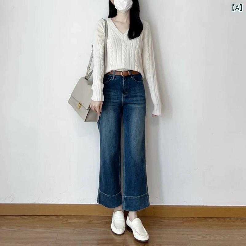 Rakuten - デニム　ジーンズ　おしゃれ 春の ストレート ジーンズ 女性用 ハイウエスト スリム ブラック 伸縮性 パンツ 裾 幅 ワイド 9 ポイント シガレットパンツ