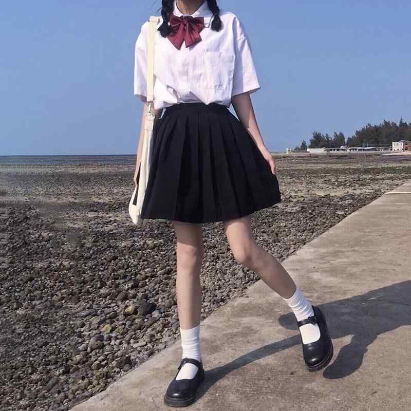 スカート レディース 学生服風 プリーツスカート ミニ ミモレ丈 ひざ丈 黒 無地 製スタイル ゆったり ウエストゴム 体型カバー 着痩せ 細見え ブラック 学院風 カレッジスタイル カジュアル シンプル 通学用 普段使い スクールスカート 大人かわ