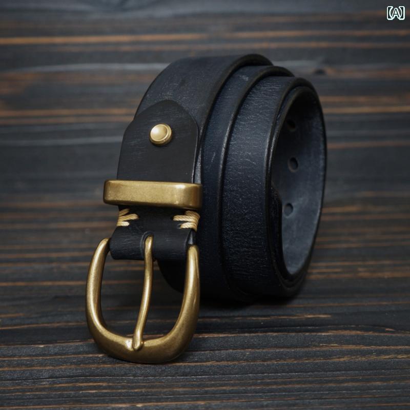 デニム　ジーンズ　おしゃれ アメリカ レトロ 手縫いの ソリッド 銅 ワークウェア ジーンズ ベルト第一..