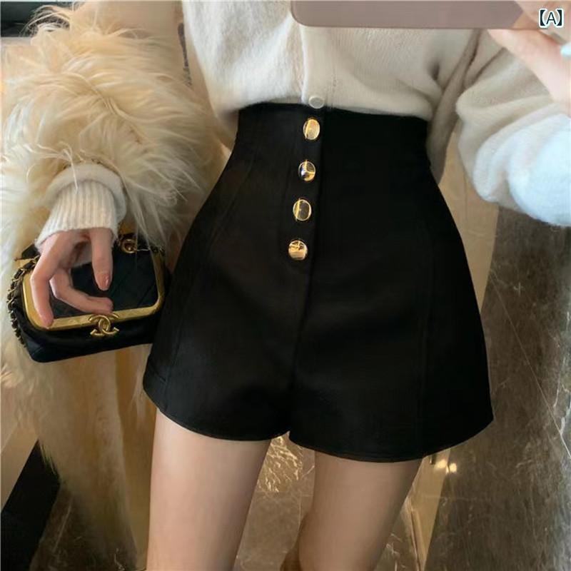 レディース　スカート　かわいい 秋 黒の ボタン ダウン ヒップを 包み込む ロングレッグ ショーツ 伸..