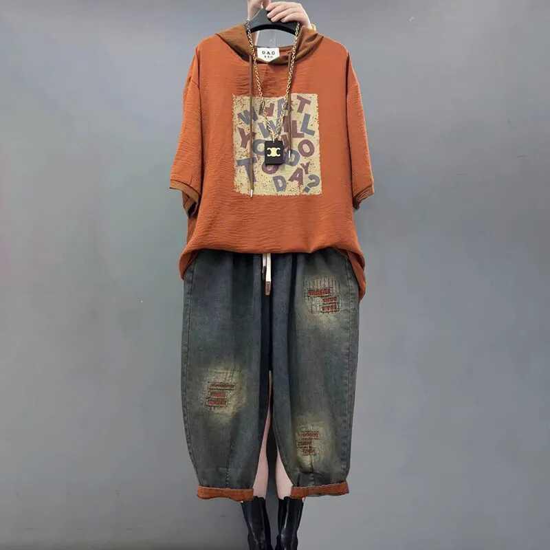 レディース　カジュアル　ファッション 太い mmの 大きいサイズ カジュアル スーツ 個性的な ファッション フード付きの ゆったり プリント 半袖 9 ポイント ジーンズ ツーピース