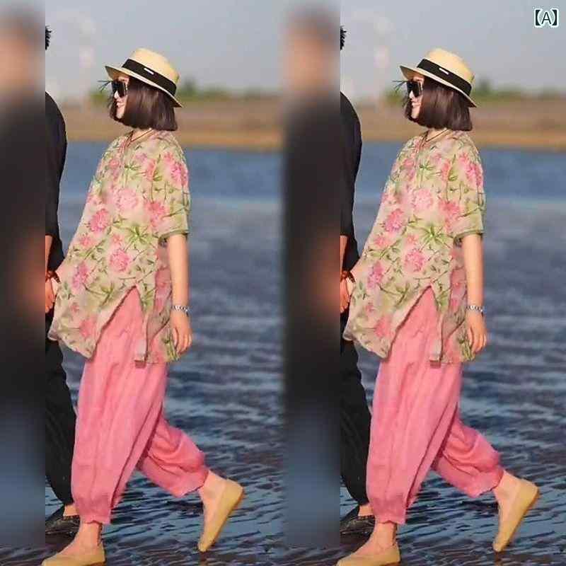 レディース　カジュアル　ファッション 花柄 ボタン トップ 無地 パンツ ツーピース スーツ 2025 夏 年齢 軽減 中国 女性用