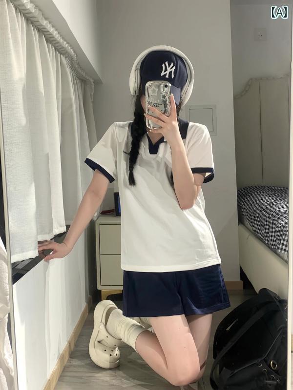 レディース　半袖　ショート カレッジ カジュアル スポーツウェア スーツ 女性用 夏用 JK ガール 刺繍 ..