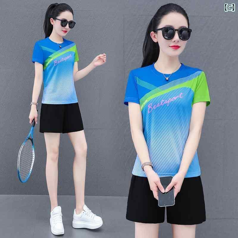 レディース　半袖　ショート 夏 薄手 スポーツ スーツ レディース 2025 ランニング バドミントン ウェア 半袖 ショート パンツ 速乾 服 夏服 3