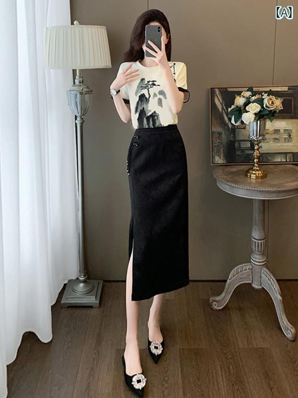 レディース　シャツ　カジュアル 的な 服装 チャイナ風 ファッション スーツ スカート 女性 夏 高級 ボタン 半袖 スプリット ツーピース