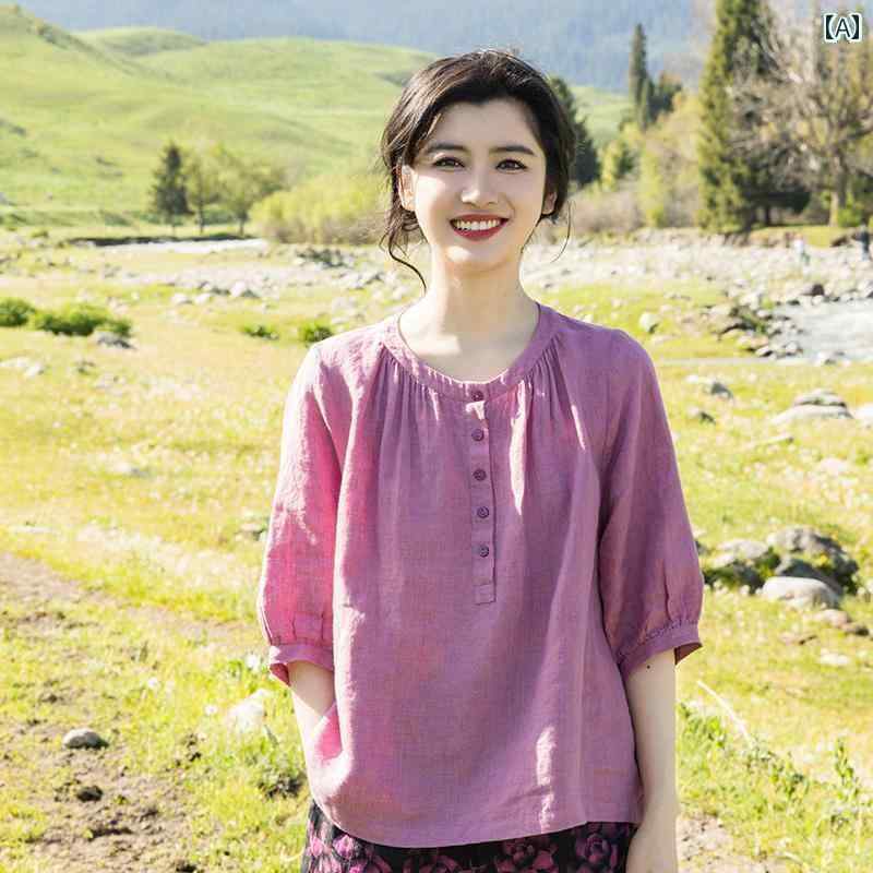 レディース　シャツ　カジュアル 176 ブルーム / ハイエンドの テクスチャー ド 先 染め リネンの アー..