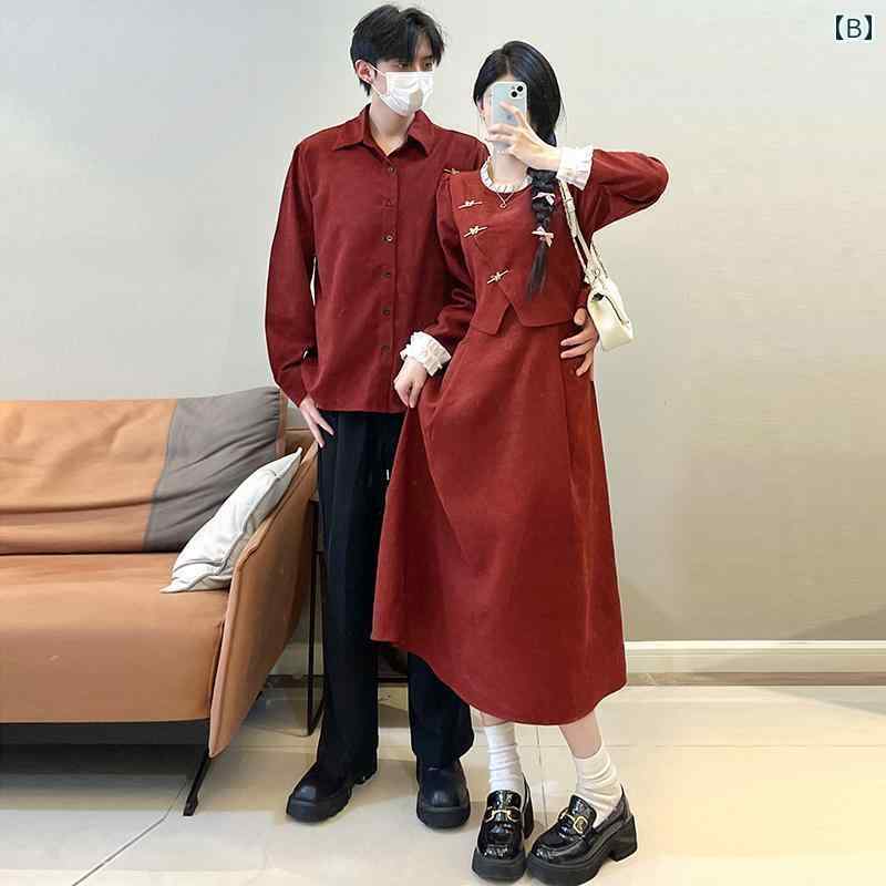 レディース　シャツ　カジュアル カップルの 服装 秋冬 ワン スカート コート チャイナ風 赤い フェイクの ツーピース ドレス 高級 登録