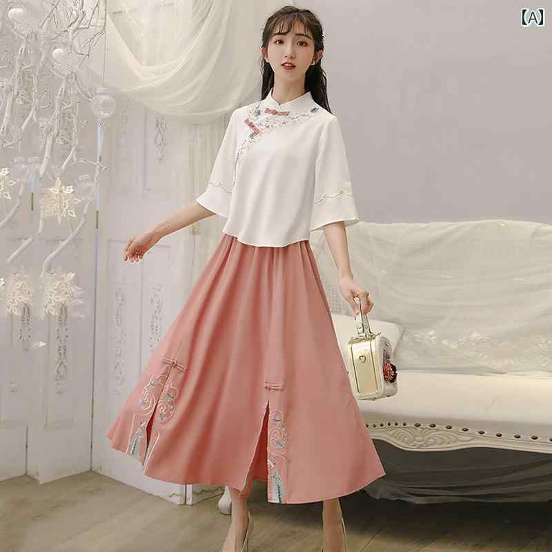 レディース　シャツ　カジュアル 漢服 ドレス ガール サマー ドレス新 中学生 中華 スタイル レトロ 衣装 チャイナ スカート