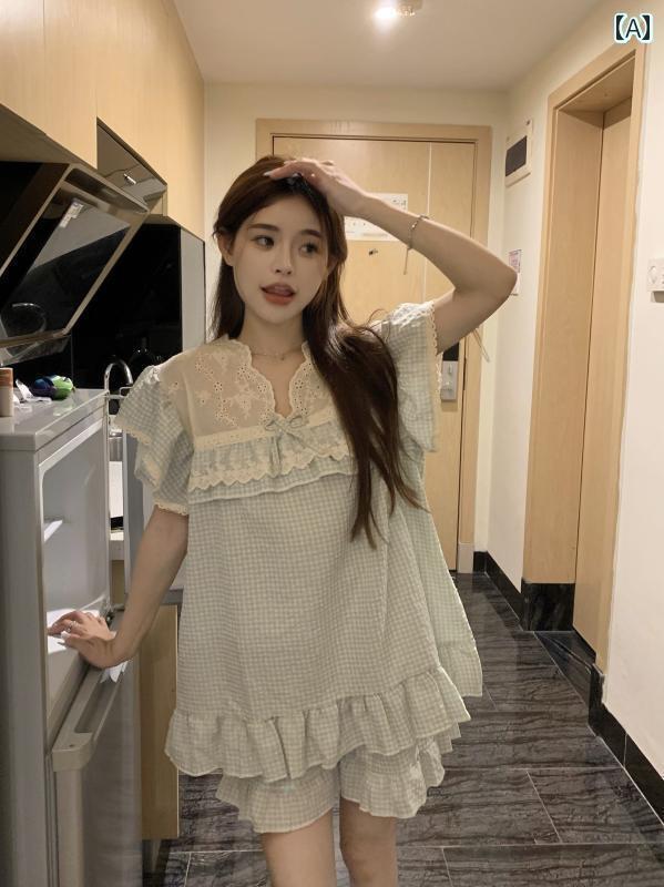 レディース　シャツ　カジュアル 夏の 男女 カップル パジャマ 宮殿 プリンセス スタイル レース チェ..