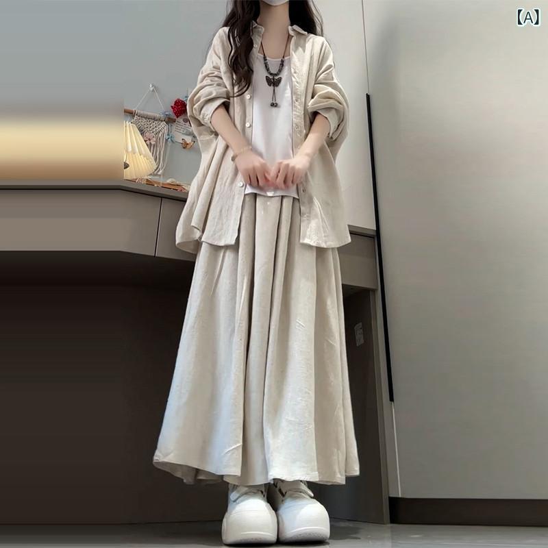 Rakuten - レディース　シャツ　カジュアル 2025 チャイナ風 カジュアル な シャツ ドレス レディース 春の 服の 完全な セット ロング スカート