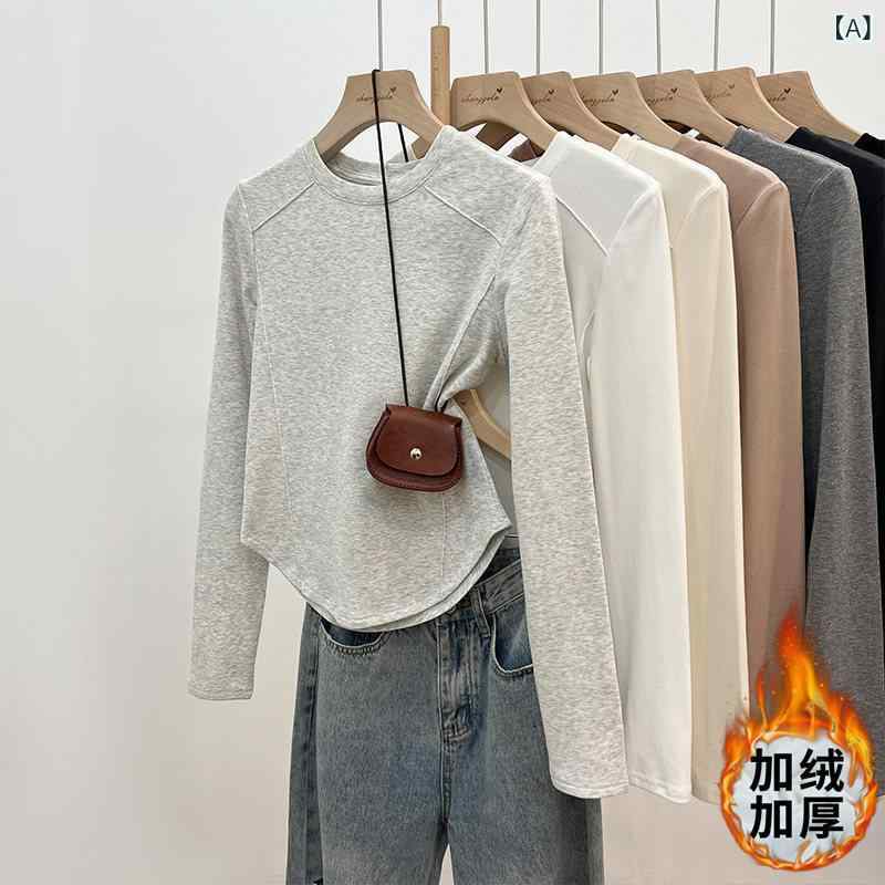 ストレート　生地　パンツ クリーム 色の 白と グレーの カーブ した 裾の 長袖の 不規則な ベルベットの 底 Tシャツ レディース 秋冬用 ハーフ ハイ ラウンドネックの 厚手 インナーウェア 春 s-share-global-10593817 サポートシェアグローバル パッケージ画像