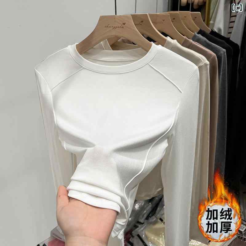 ストレート　生地　パンツ クリーム 色の 白と グレーの カーブ した 裾の 長袖の 不規則な ベルベットの 底 Tシャツ レディース 秋冬用 ハーフ ハイ ラウンドネックの 厚手 インナーウェア 春 s-share-global-10593817 サポートシェアグローバル サンプル画像3