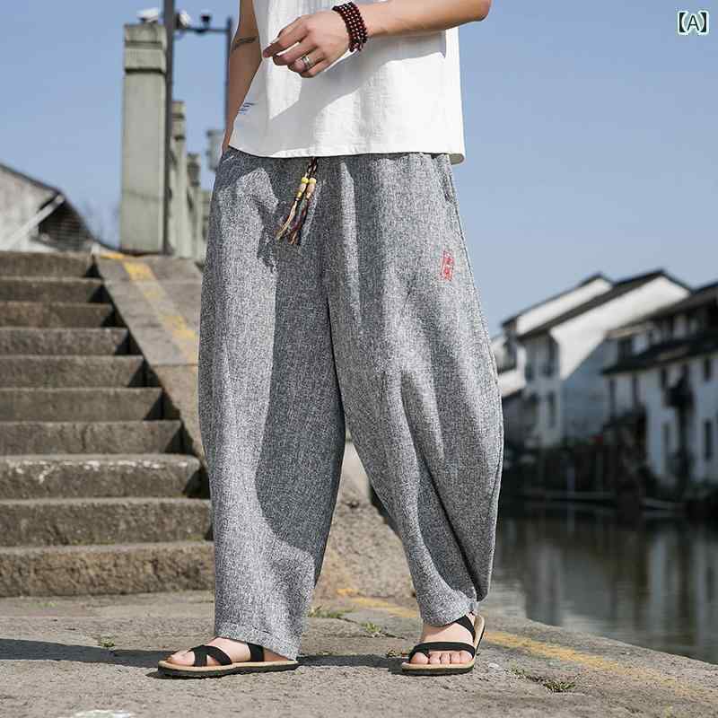 メンズ　アジアン　ファッション 夏の チャイナ風 ゆったりした ワイド レッグ パンツ メンズ小 足の ..
