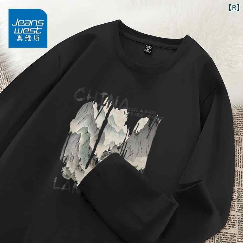 メンズ　アジアン　ファッション Jeanswest 長袖 Tシャツ メンズ 2024 新 チャイナ 風 詩的な 山と 白..