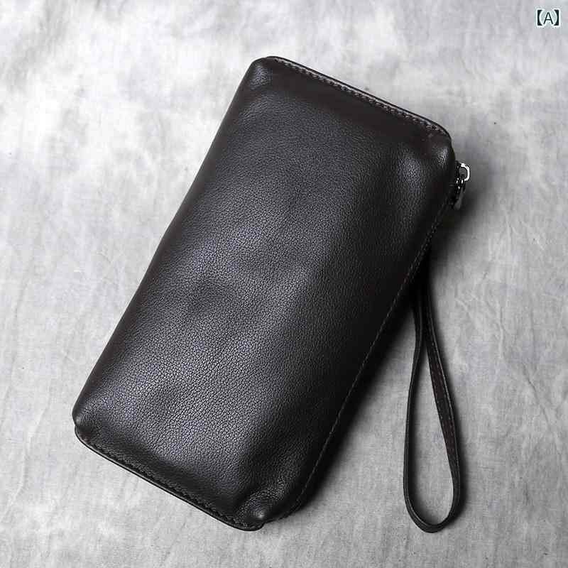 マネー クリップ 財布 クラッチ メンズ ソフトレザー ハイエンド ロング ジッパー ウォレット カジュアル レトロ第一層 牛革 スマートフォン 財布