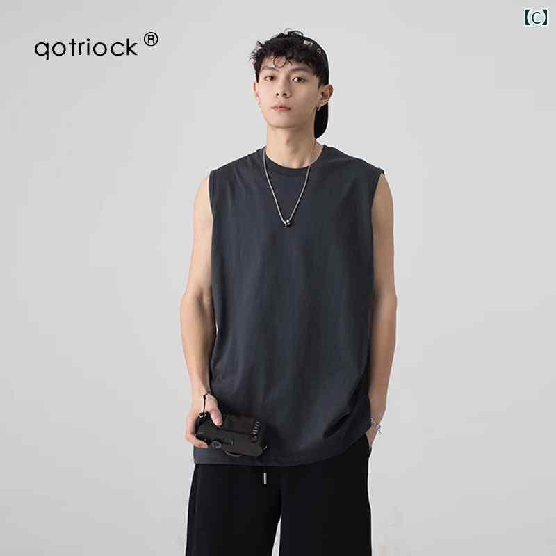 タンクトップ　メンズ　無地 綿 ベスト メンズ 夏 ゆったり ラウンドネック バスケットボール Tシャツ ..