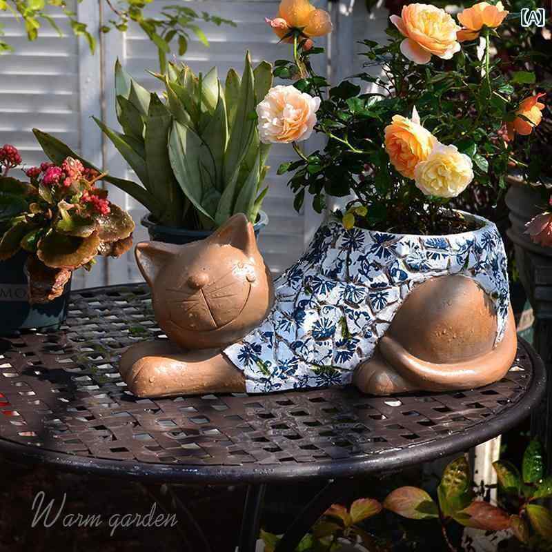 庭　装飾　飾り　 中庭の 創造的な 子猫の 形の 装飾品 青と 白の パターンの 植木鉢 バルコニーガーデ..