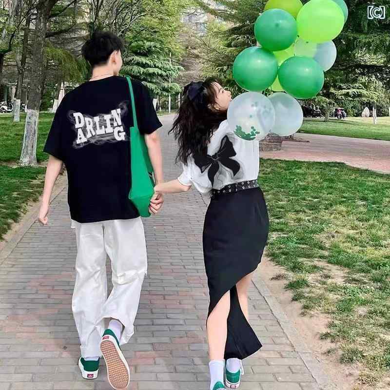 カップル　ユニセックス　ウェア カップルの 夏服 シーズン 2025 の 高級 半袖 Tシ...