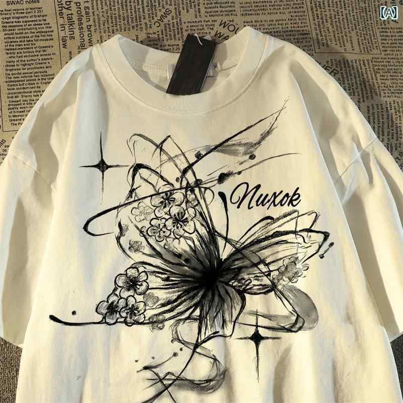 カップル　ユニセックス　ウェア アメリカンの レトロ 蝶の グラフィティ コットン 半袖 Tシャツ 男女..