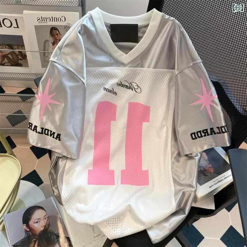 カップル　ユニセックス　ウェア アメリカン シックで 甘くて スパイシーな Vネック ジャージ 半袖 Tシ..