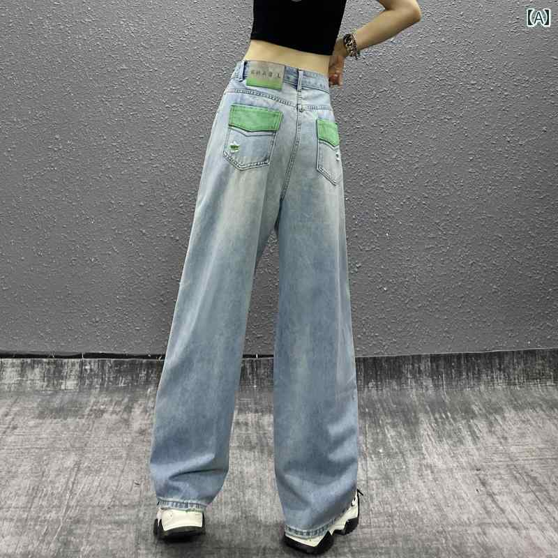 デニム　ジーンズ　レディース カラフルな ステッチ ポケットが 破れた 薄手 ジーンズ レディース 夏の..