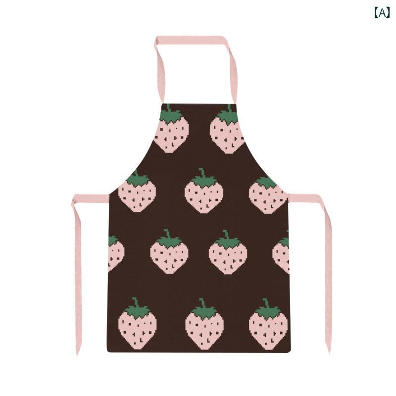 エプロン レディース かわいい イチゴの キッチン エプロン 厚手 コットンと リネンの 混紡 防水と 防汚性 ノースリーブの スモック 調節可能 ウエスト バンド ユニバーサル