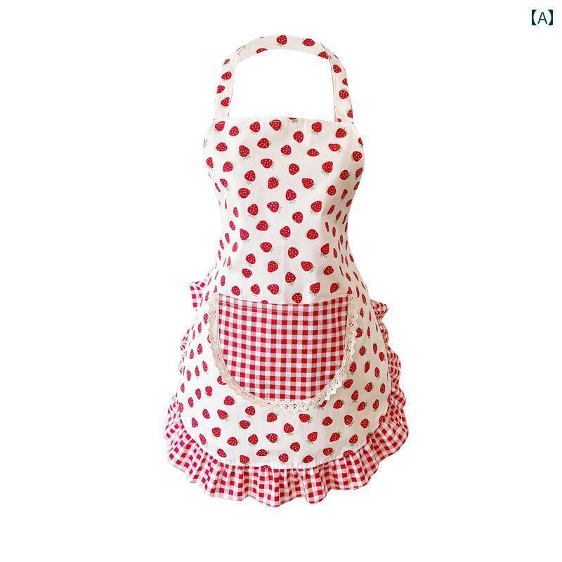 エプロン レディース かわいい 韓国 ファッション 田園 風 かわいい イチゴ 姫 綿 通気性 半 防水 ホルターネック キッチン ホーム クッキング エプロン