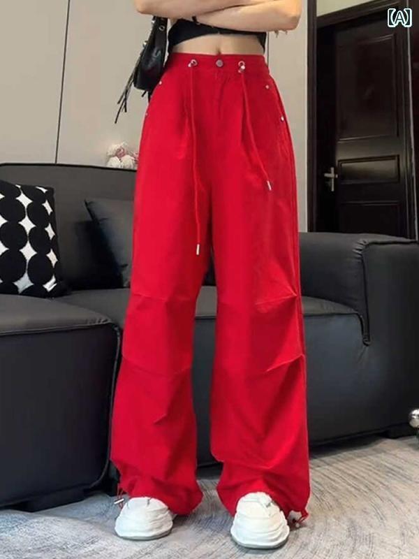 ワイド レッグ パンツ レディース アメリカン 甘くて クールな 赤い ウォッシュ 加工の オーバー オール。 レディースの 夏の ドローストリング 付き ハイウエスト スリム カジュアル ワイド レッグ パンツ。