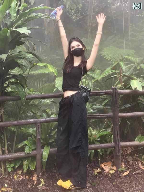 ワイド　カーゴ　パンツ　レディース アメリカン 速乾 ブラック パラシュート オーバー オール アサル..