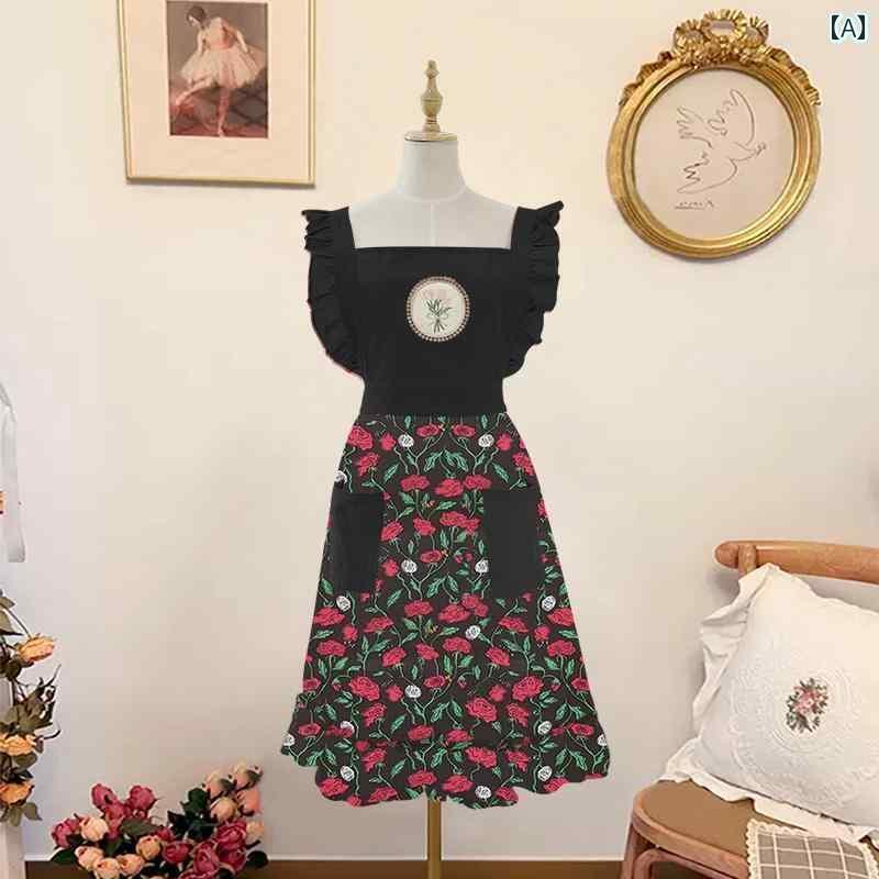 エプロン　おしゃれ　ママ ファッション レース エプロン キッチン 防汚 オーバー オール フラワーショ..