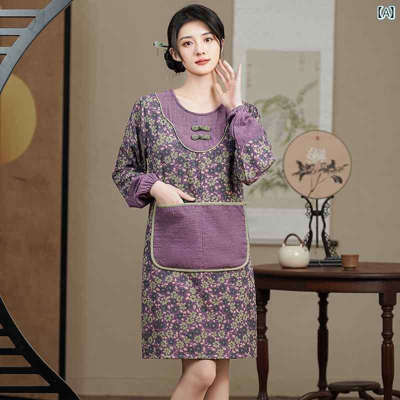 エプロン　おしゃれ　ママ 2024年 ホーム キッチン エプロン チャイナ風 レトロ ハンド ボタン新 スタ..