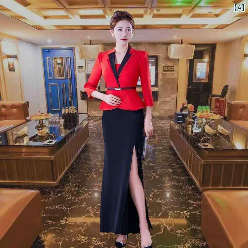 ドレス　ウェイター　レディース KTV バー プリンセス ドレス DJ ナイトクラブ 赤い ロング スカート ..