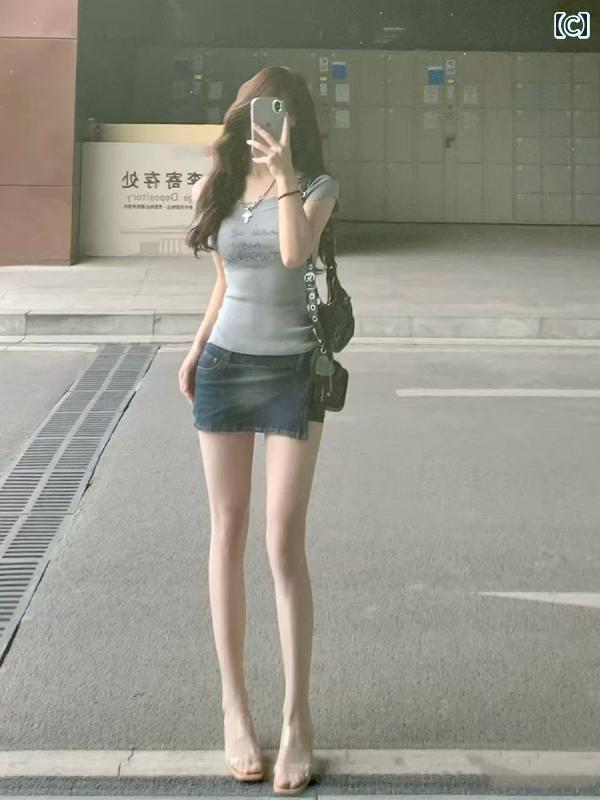 デニム　ワンピース　レディース 魅惑的 ホットな アメリカン レトロ トップス ローウエスト デニムスカート 女性用 ツーピース スーツ 夏の 大人 スタイル 衣装