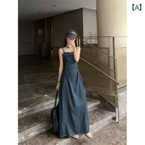 デニム ドレス レディース レトロ ライト ブルーの チューブ トップ サスペンダー デニム ドレス 女性用 夏用 不規則な プリーツ ウエスト スリム バックレス ロング スカート