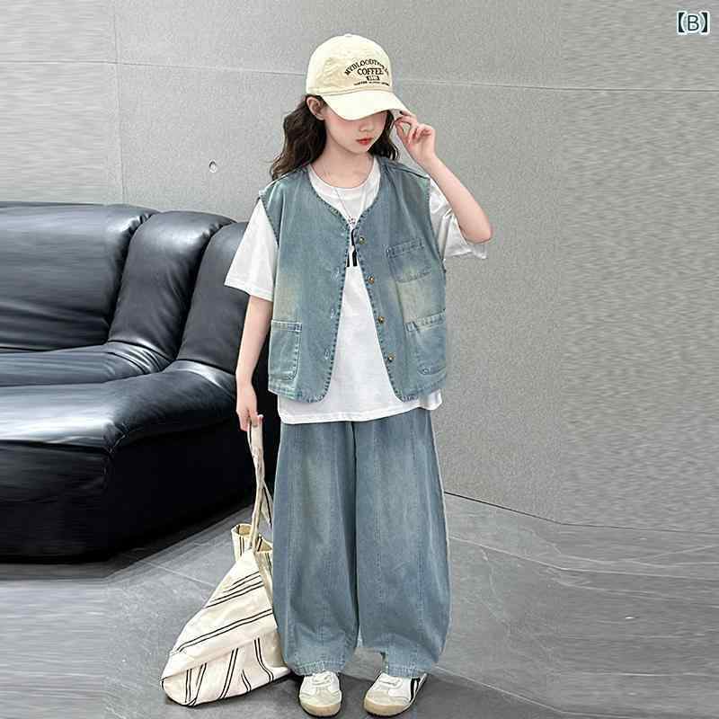 デニム　ドレス　レディース 女の子 デニム ベスト ストライプ レイヤリング シャツ ワイド レッグ パ..