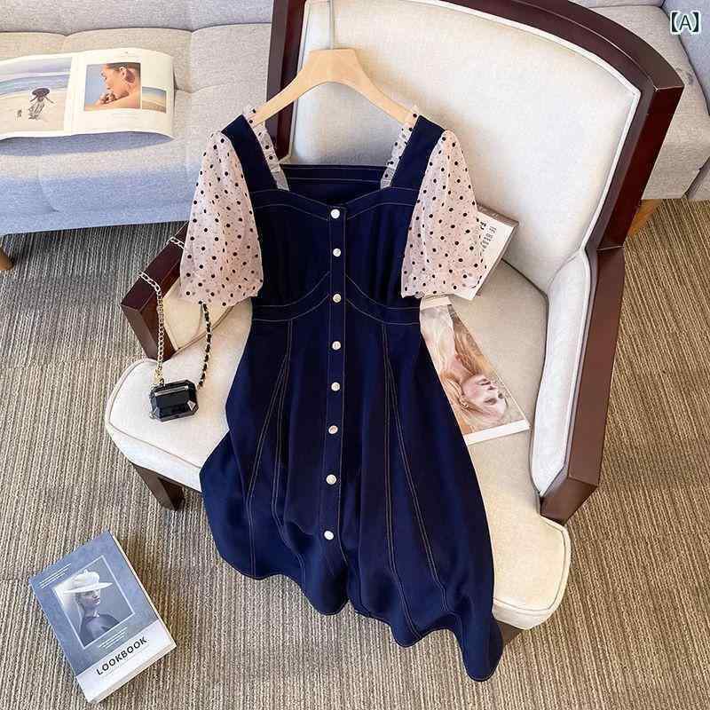 デニム ドレス レディース スクエアネックの ドットの パフスリーブ パッチワークデニム スカート 女性用 夏用 大きめ サイズ mm シックで で スタイリッシュな スリミング ドレス
