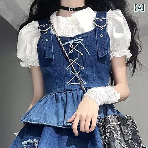 デニム　ドレス　レディース サブカルチャー クール ホット ガール かわいい スター 学生 小柄 ケーキ ..