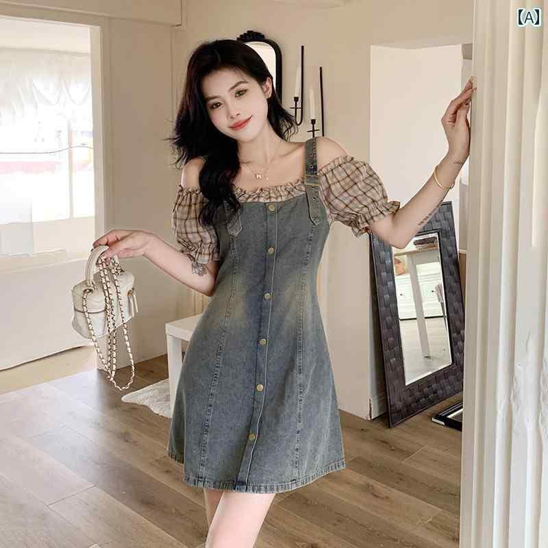 デニム　ドレス　レディース 夏用の フェイク ツーピース オーバー オール スカート 大きいサイズ 太め..