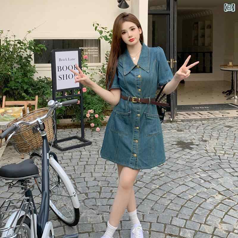 デニム　スカート　レディース レトロ デニムワンピース 2024 夏 高級 ウエスト スリム 半袖 ミニ スカート