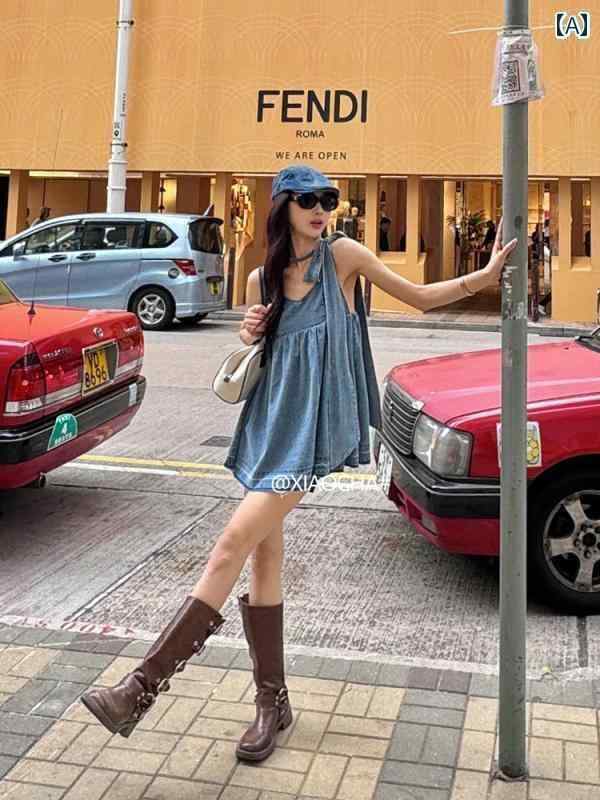 デニム　スカート　レディース 小さい 茶の アメリカン レトロ デニム ドレス レディース 夏の 蝶 ネクタイ ゆったりした aライン サスペンダー スカート(4)