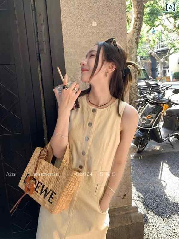 デニム　スカート　レディース 2025年 早春夏 通勤 デニム ノースリーブワンピース 夏 フレンチスタイ..