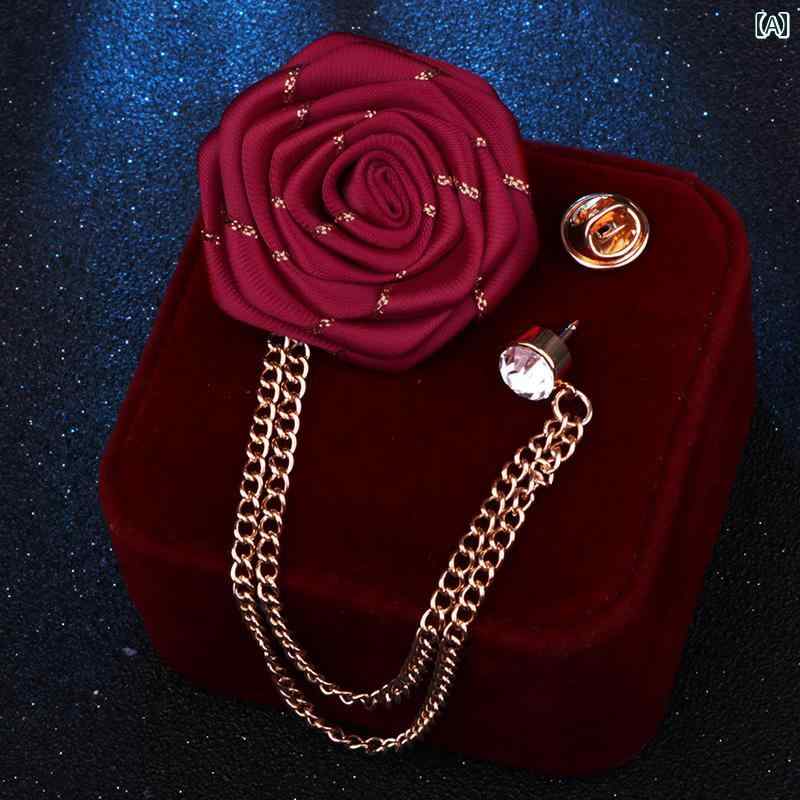 アクセサリー　シュシュ　ピン 韓国 ゴールド エッジ リボン 生地 ローズ フラワー ブローチ メンズ チェーン タッセル スーツ コサージュ アクセサリー