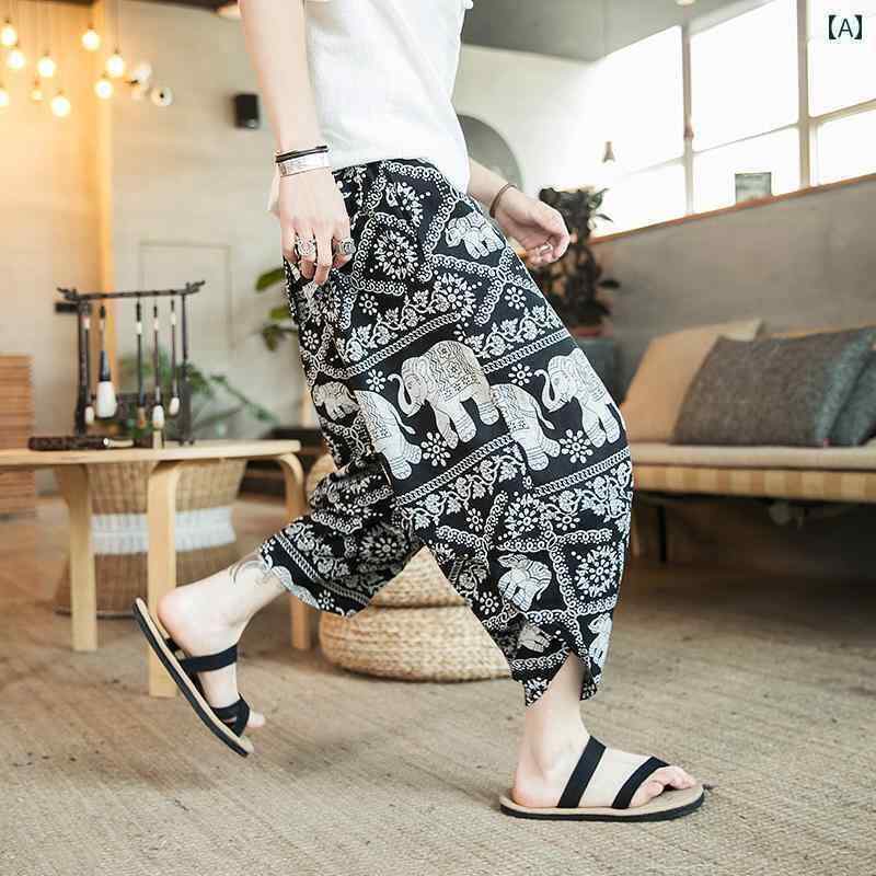 メンズ　ズボン　夏用 ビーチ フラワーショー ツメ ンズ 夏 薄手 タイ ニンジン パンツ チャイナ風 カ..