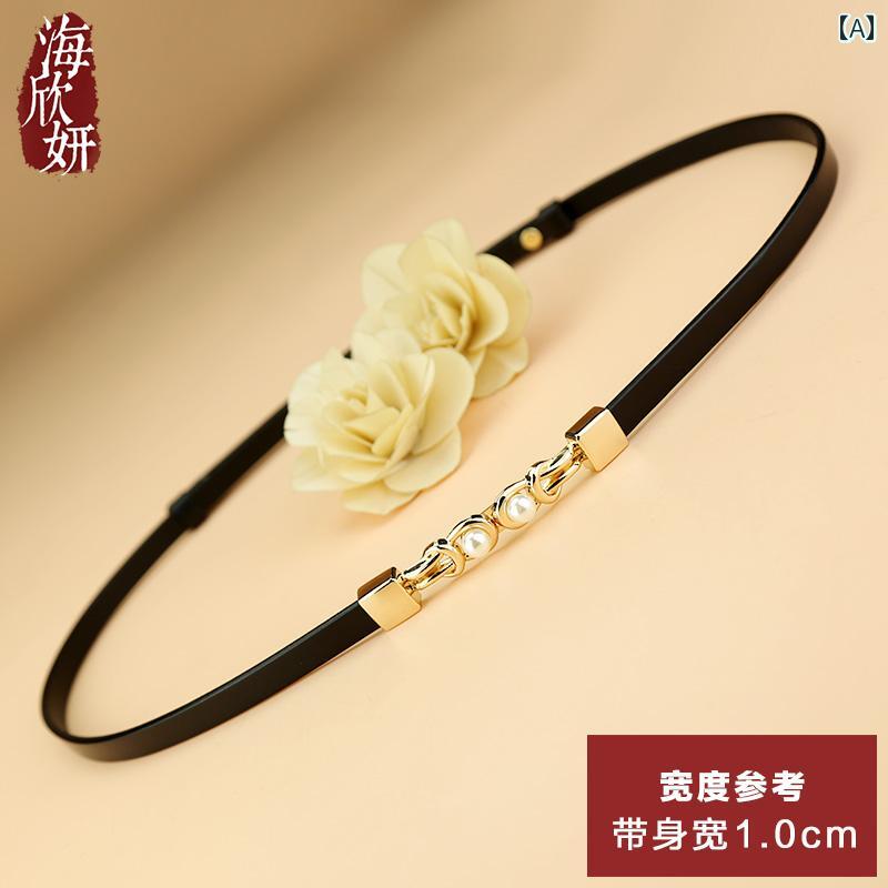 レディース　ベルト　チェーン 革 レディースベルト最 上層 牛革 黒の な 装飾 ドレス アウターウェア 細い ウエスト ベルト(4)