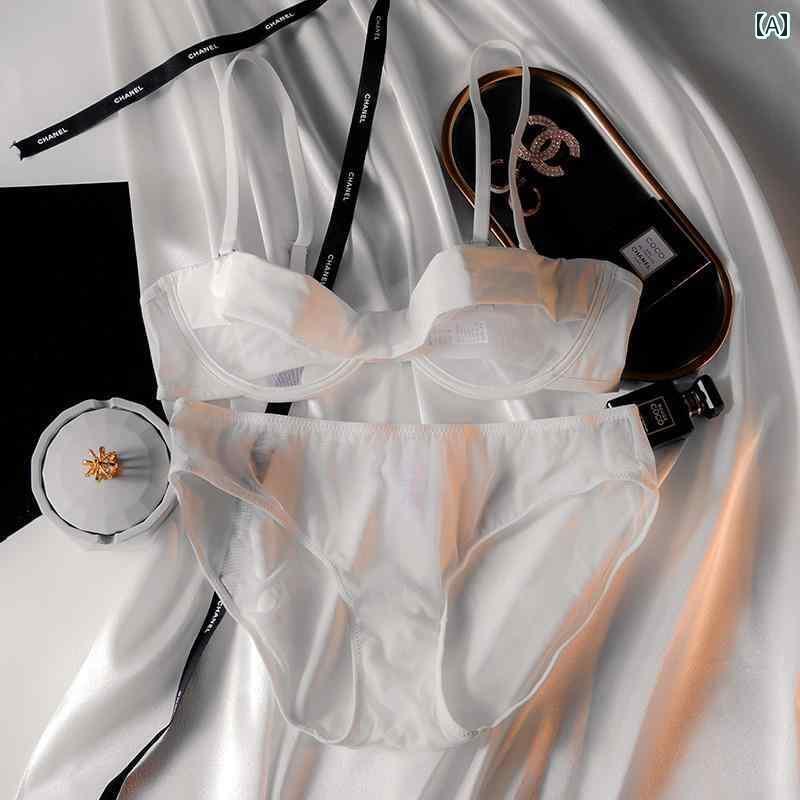 下着 レース レディース ハーフ カップの 魅惑的 の 下着 セット 女性 フランスの 薄型 サテン メッシュ ブラジャー 透明 レース パンティー