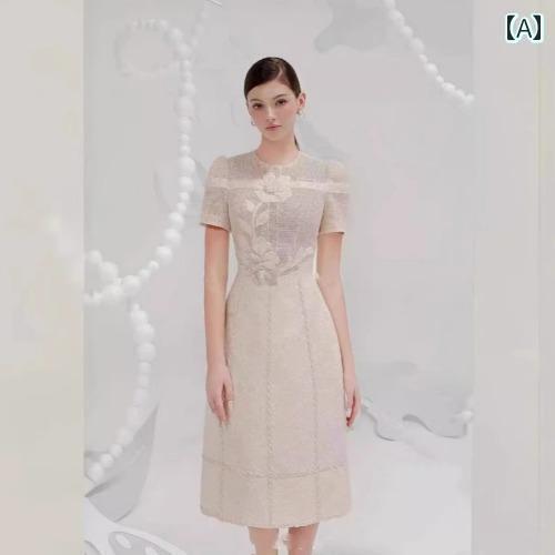 下着　レース　レディース ベトナムの AMY スリム アイボリー ヘビー レース 半袖 ラウンドネック ドレス