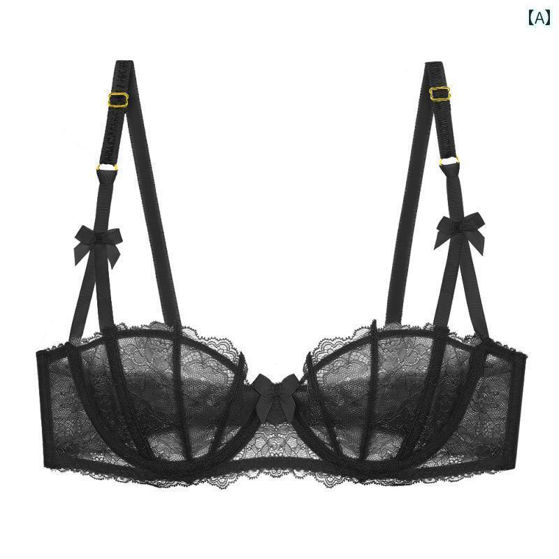 下着 レース レディース 魅惑的 レースの 下着 小さい 胸の プッシュアップブラ 夏用 薄型 透明 ハーフ カップ フレンチ ガール ブラセット
